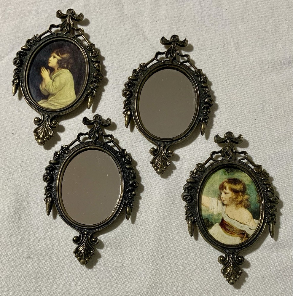 Vtg Brass Victorian Edwardian Oval 4 Framed Mirror Little Girl Prayer Play Italy