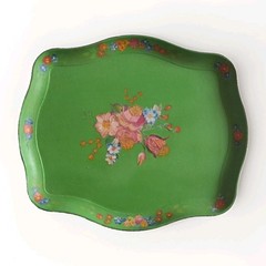 Hand Painted Floral Tray Apple Green Retro Cottage Paper Mache Vintage