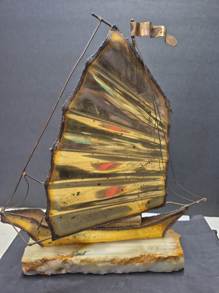 John DeMott Signed Metal Brass Sailboat Sculpture On Stone Base Decor Display
