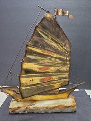 John DeMott Signed Metal Brass Sailboat Sculpture On Stone Base Decor Display