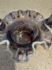 Vintage 1990’s Fenton Glass Basket 7” Tall Purple Iridescent Ruffled White Edge