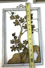 Vintage Art Deco Wall Art 3D Brass Color Tin Metal Flowers in Wooden Frames x4