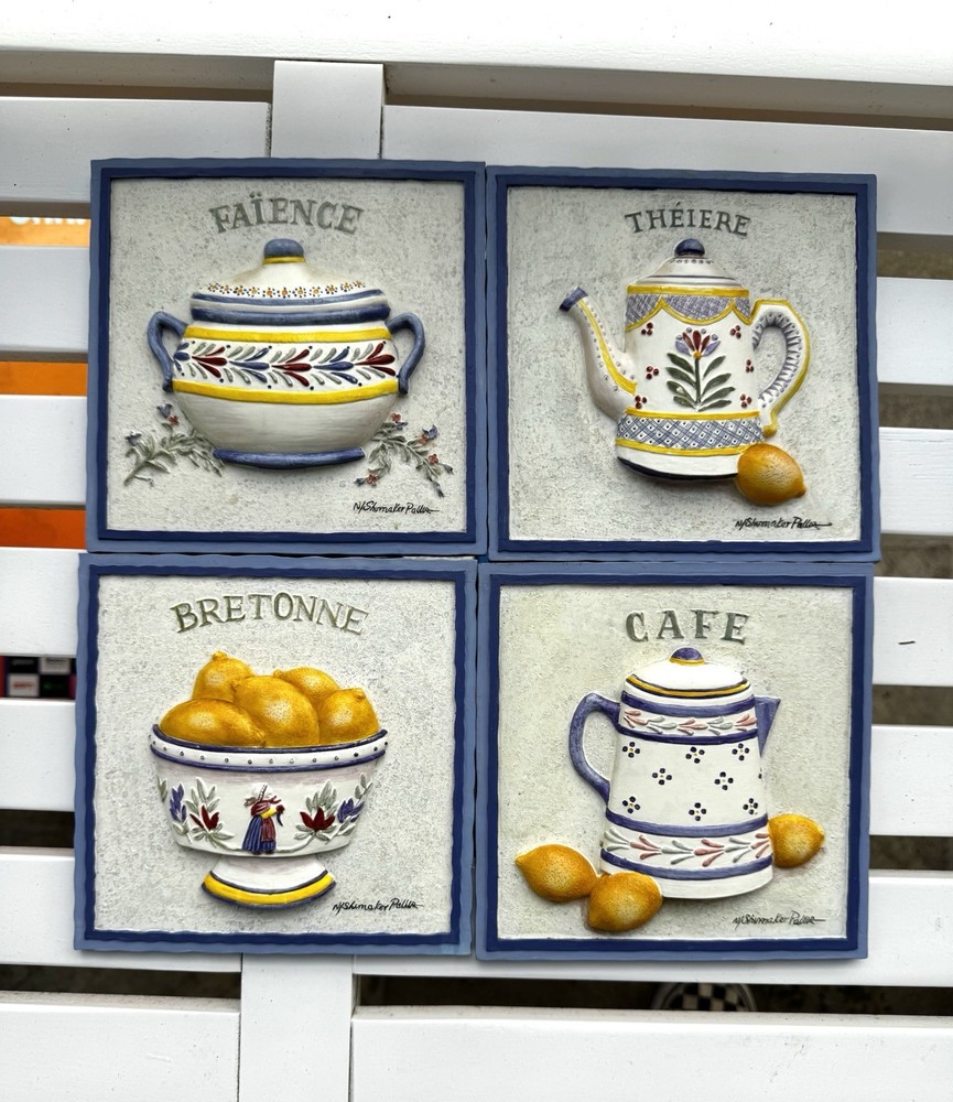 VTG French Kitchen Wall Plaques 3D Relief French Pottery IV Quimper Style Decor