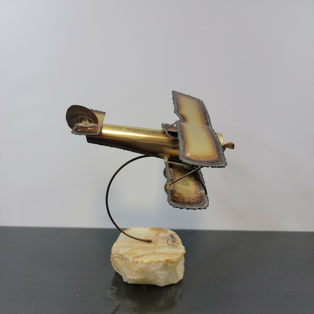 Vintage MCM Demott BiPlane Golden Metal Stone Base Art Decor Signed