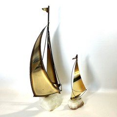 2 Vtg De Mott Brass & Copper Sailboats Art Sculpture Onyx Bases Nautical EVC