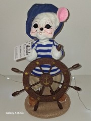 ANNALEE NEW Sailor Mouse 8″ Plush w/ Ship Wheel helm. White/Blue 2005 adorable.