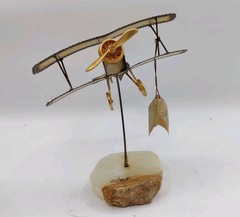 Vintage MCM Demott BiPlane Golden Metal Stone Base Art Decor Signed