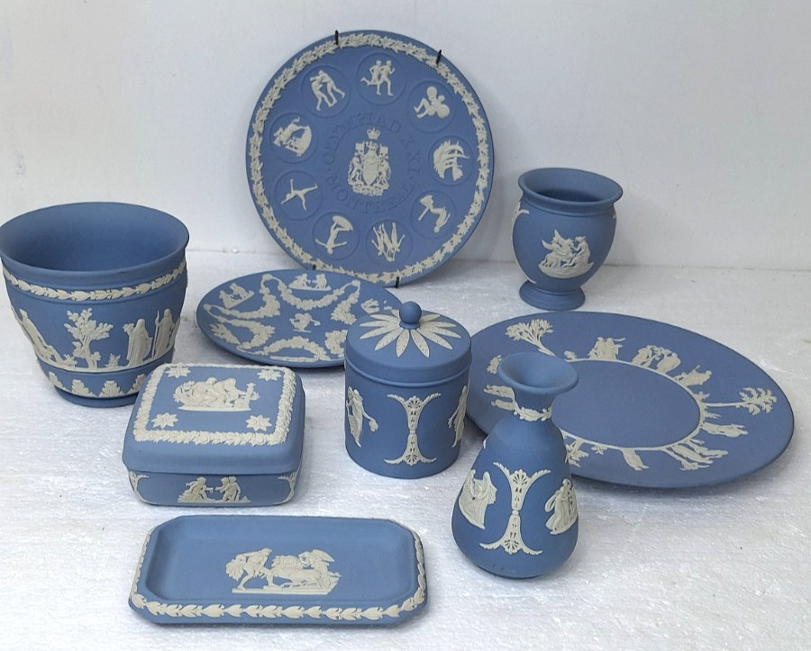 Wedgwood Assorted Lot Of 9 Pieces Blue Jasperware Montreal Olympics Plate, Vase