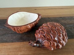 Vintage MCM Ceramic Brown Pinecone Shaped Lidded Trinket Dish
