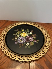 Vintage Nashco Toleware 12” Round Tray-Hand Painted Signed Reticulated Edge