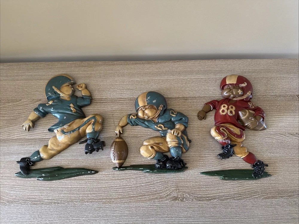 Vintage Homco Sexton 1970s Cast Aluminum Football Set of 3 Wall Hanging Plaques