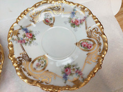 VTG /ANTIQUE LIMOGES J POUYAT BERNARDAUD FLORAL GILDED 3 CUPS SAUCERS FRANCE