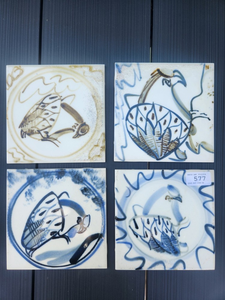 4x Studio Pottery Tiles Attrib Seth Cardew Wenford Bridge Bird Motif Cornwall
