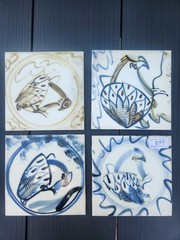 4x Studio Pottery Tiles Attrib Seth Cardew Wenford Bridge Bird Motif Cornwall