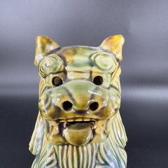 Vintage 1980s Ceramic Majolica Green Foo Dogs Set 2 Shishi Lions Good Luck vtg