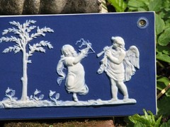 WEDGWOOD LIKE RARE DARK BLUE DIP PLAQUE OF CUPIDS & BOY TAMBORINE, GIRL TRIANGLE