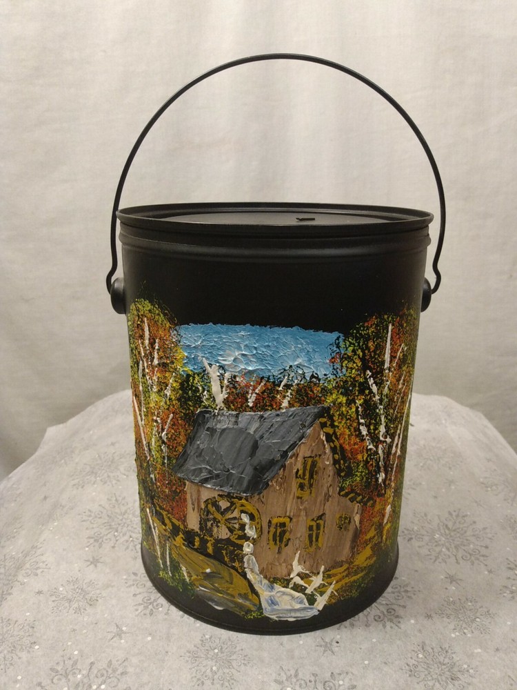 Vintage Hand Painted Metal 1 Gallon Black Country Paddle Wheel Art Deco Can