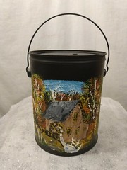 Vintage Hand Painted Metal 1 Gallon Black Country Paddle Wheel Art Deco Can