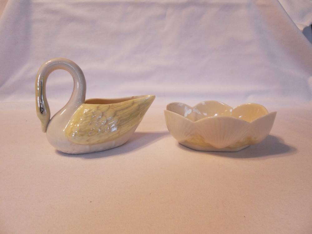 PAIR OF BELLEEK PARIAN CHINA , SWAN CREAMER AND SEA SHELL CANDY OBLONG DISH