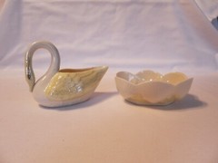 PAIR OF BELLEEK PARIAN CHINA , SWAN CREAMER AND SEA SHELL CANDY OBLONG DISH