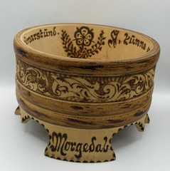 Vintage Norwegian Tine Butter Bowl Hand Carved Wood Rosemaling Morgedal 1980