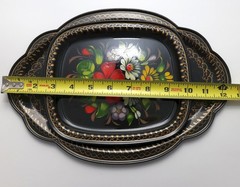 TWO Vtg Tole, Toleware Black Metal Trays, Hand-Painted Florals w/Gold Trim Edges