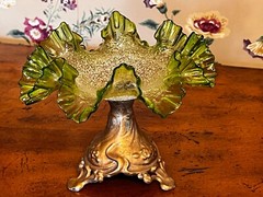 RARE Antique 1860 Craquelle Overshot Art Nouveau Green Bowl On Metal Base