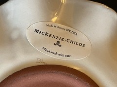 (4pc) Rare Mackenzie Childs Parchment Check Ceramic Fluted Saucers W/ Gold Dots