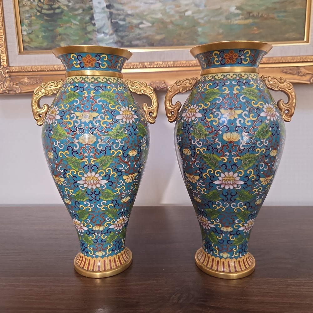 Pair Chinese Cloisonné Enamel Brass Floral Vases Blue Dragon Handle Vintage