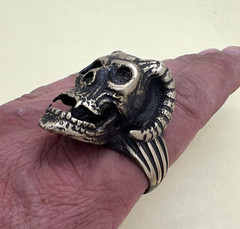 Large Rocker Bronze Ring with Skull and Horns Antique Ancient Rare