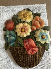 3 Vtg Hand Painted Tin Wall Hangings Hooks Sunflowers Cat in Basket Flower Pot