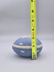 Wedgewood Blue Jasperware Egg Trinket Box Cherub With Floral Garland