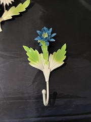 Vintage Toleware Metal Flower Wall Hook 8″ Blue Flower and Daisy Candle Holder.