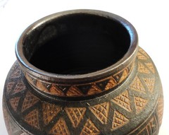 1997 Deborah Tinsman Handmade Pottery Vase Carved Brown Geometric Native Design