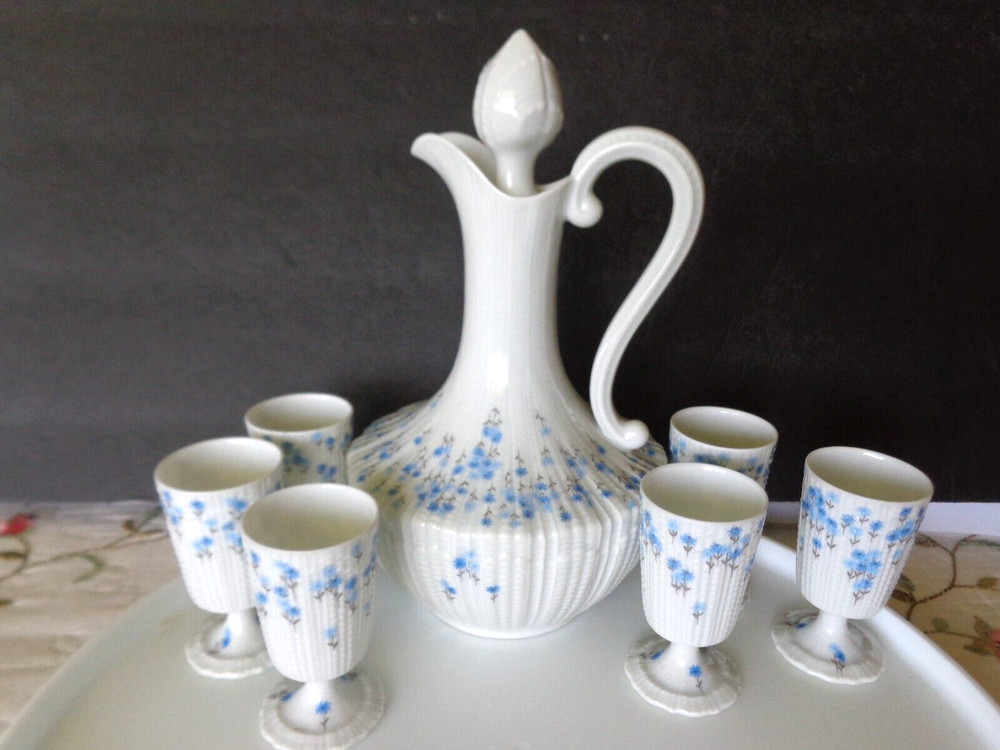 ANTIQUE LIMOGES GERAUD BROUSSEAU RELIEF BONE CHINA COGNAC DECANTER 6 CUPS FRANCE