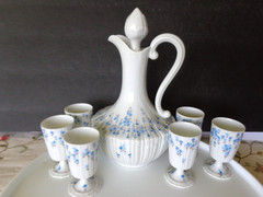 ANTIQUE LIMOGES GERAUD BROUSSEAU RELIEF BONE CHINA COGNAC DECANTER 6 CUPS FRANCE