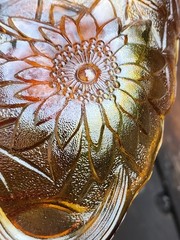 Amber Glass Candy Dish Carnival Glass Sunflower Pattern Oval Vintage Chip
