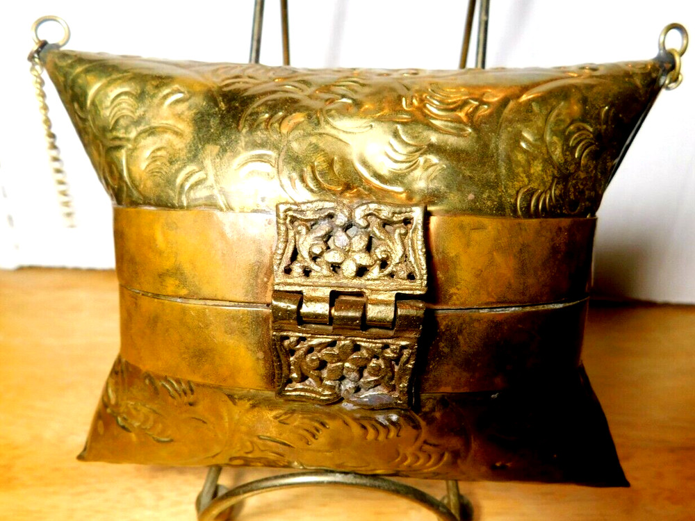 BAG~Brass & Copper Pillow Trinket Purse With Felt Lining Inside Antique Damaged