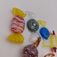 6 Hand Blown Art Glass Candy Pieces Striped MCM Grandma Murano Style Colorful