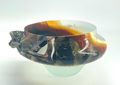 Art Glass Bowl Modernist Organic Brutalist Frosted Hand Painted Leaf And Vine