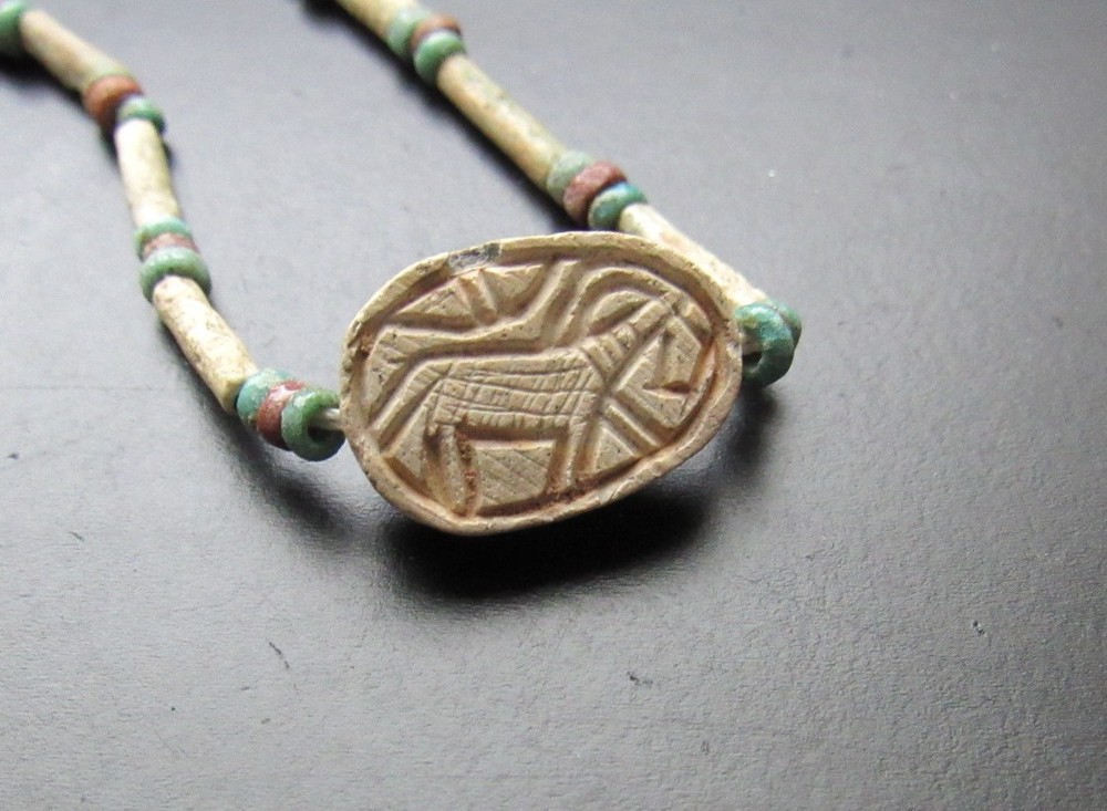 NILE Ancient Egyptian Scarab Amulet Mummy Bead Necklace ca 600 BC