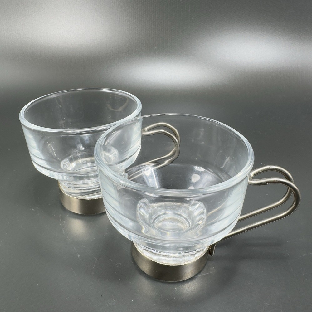 Vintage Espresso Coffee Cups Mugs Glass Steel Handles Clear Glass Small Cups VTG