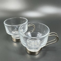 Vintage Espresso Coffee Cups Mugs Glass Steel Handles Clear Glass Small Cups VTG