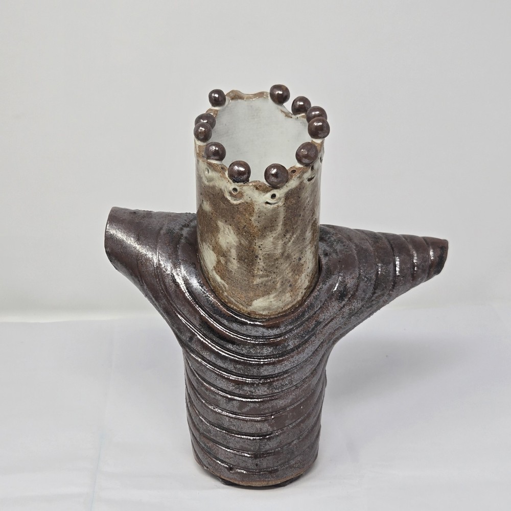 Handmade Studio Pottery Sculptural Vase Textured Brutalist Stoneware Art Vessel