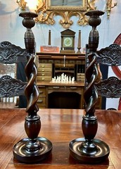 Antique Style LARGE 14″ TALL Carved Wooden Barley Twist Candlesticks with Bronze