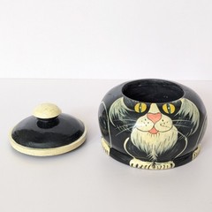 Vintage Hand Painted Wood Black Tuxedo Cat Trinket Box Dish w/Lid Folk Art Haiti