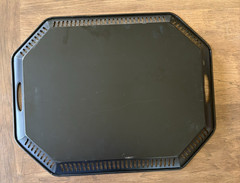 Vintage Hand Painted Floral Toleware Tray Large Gold Black Metal Handles 20×16