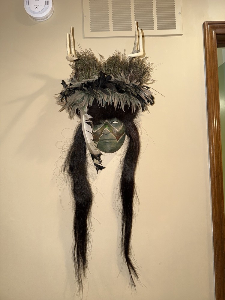 Decorative Mask with Antlers, Feathers, Long Hair – Black Gray White Original