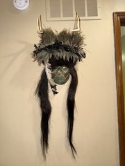Decorative Mask with Antlers, Feathers, Long Hair – Black Gray White Original