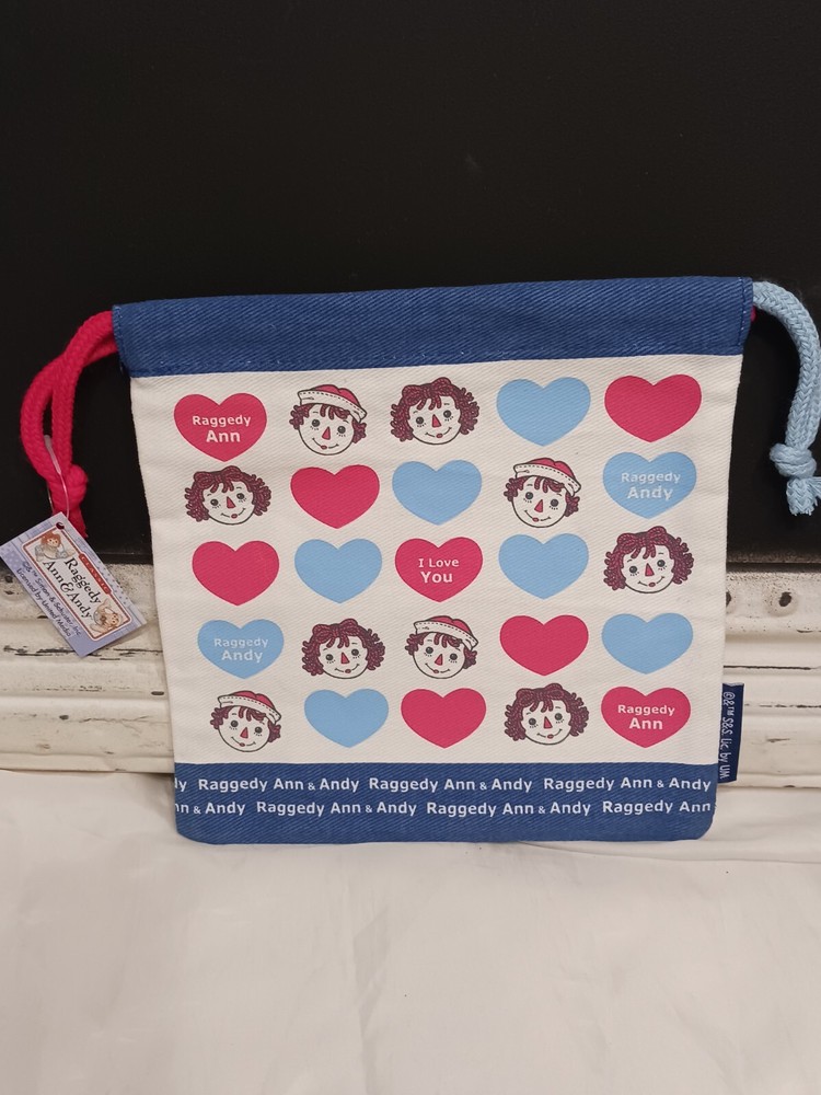 New Raggedy Ann & Andy Medium Canvas Drawstring Tote Bag Japan – 8″ x 8″ – Blue